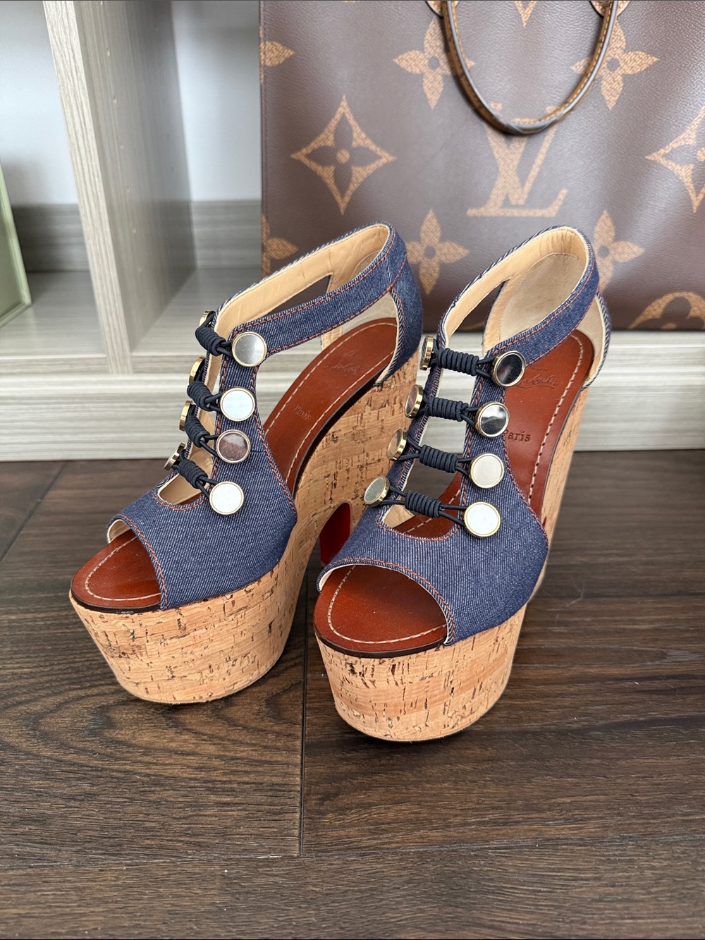 Christian Louboutin Denim Cork Platform Wedge Sandals - Blue